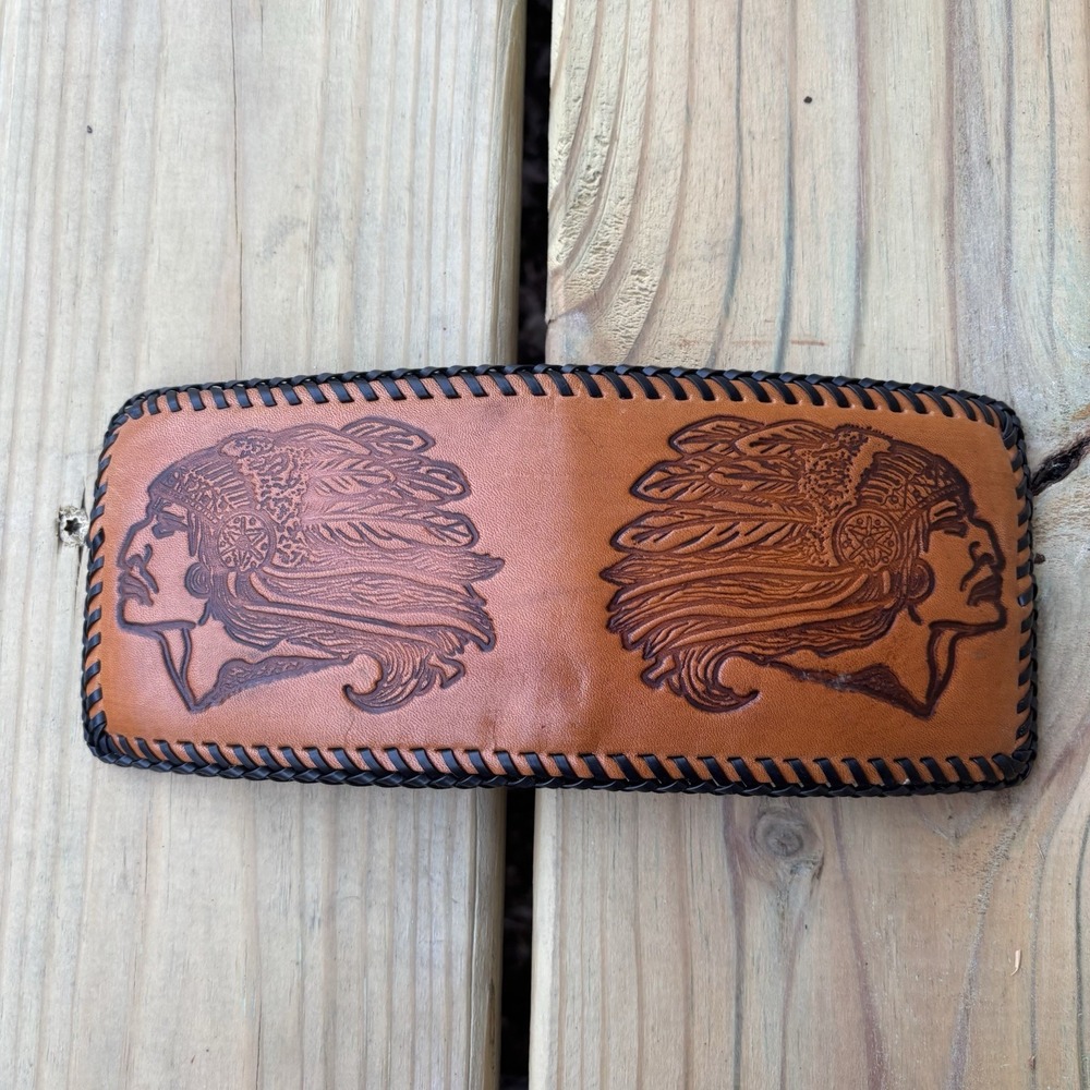 Vintage Leather Wallet Whipstitch Bifold Hand Tooled USA Made Freedom Indian